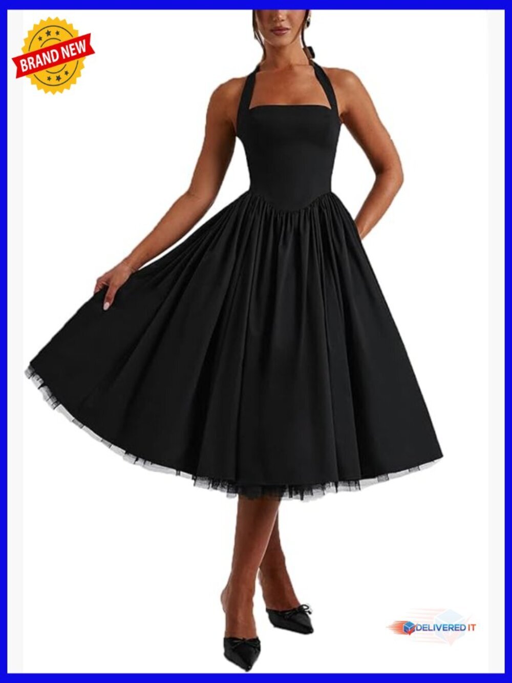 Halter A-Line Tulle Tea Length Dress Corset Back Formal Prom Gown